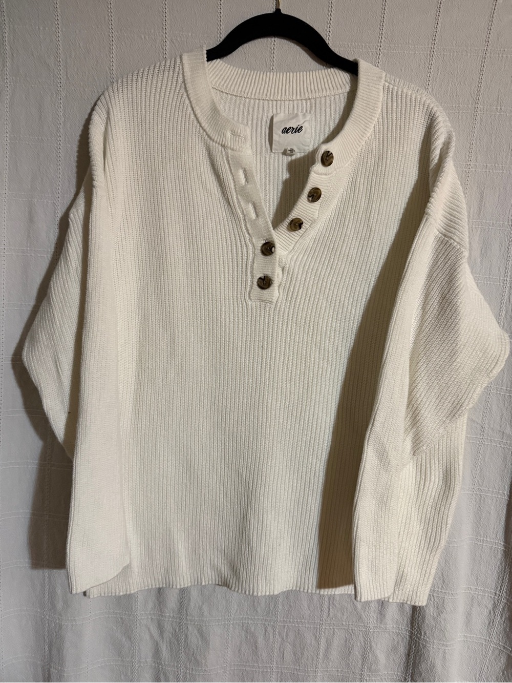 aerie Cream Ribbed Henley Button-Front Sweater